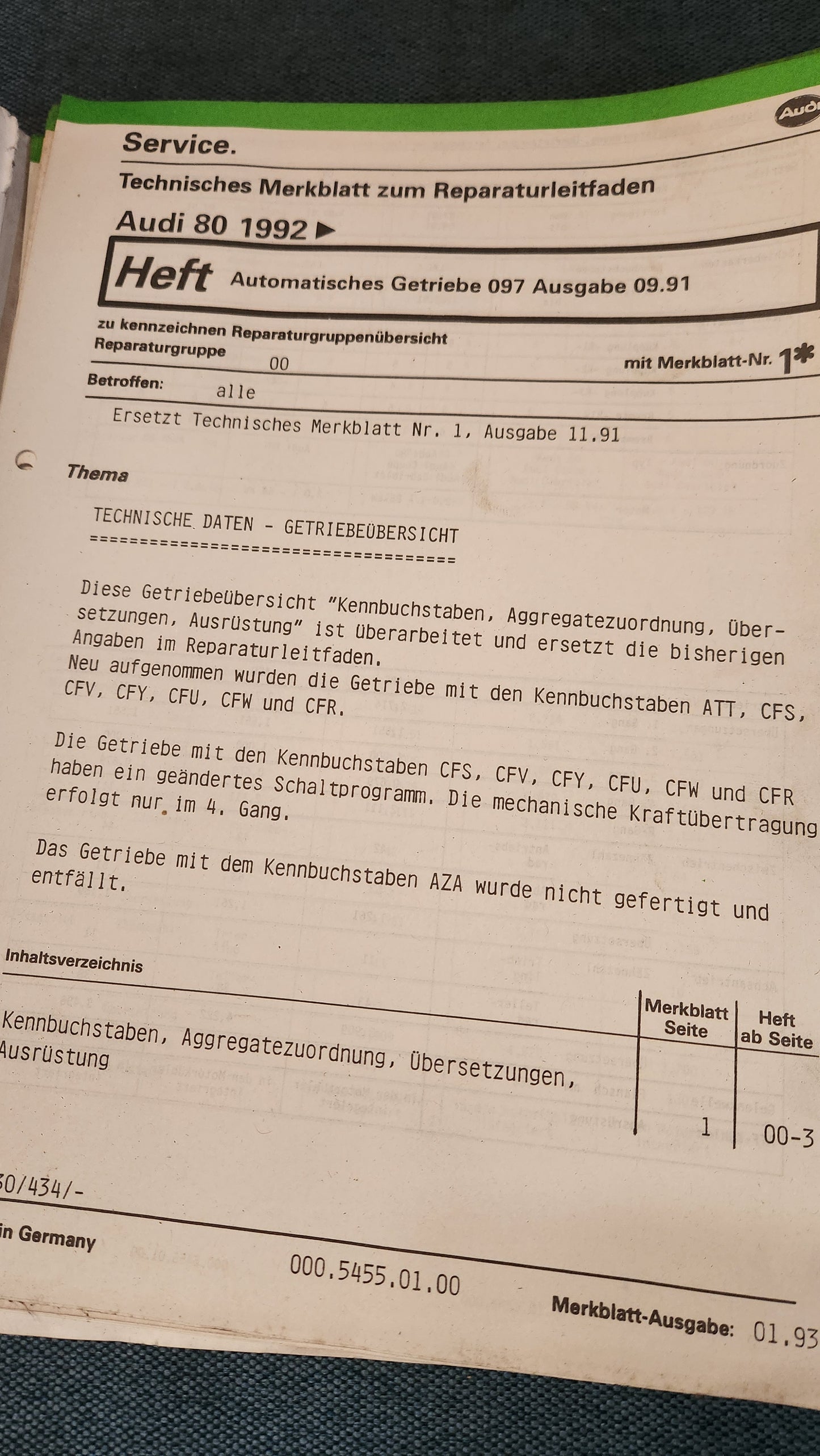 Audi 80 B4 Automatisches Getriebe 097 Reparaturleitfaden Werkstattbuch