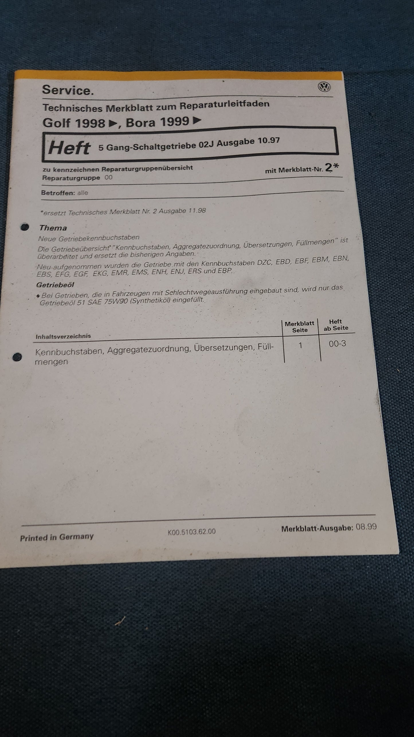 Golf 4 5 Gang Schaltgetriebe 02J Nachtrag Reparaturleitfaden Werkstattbuch