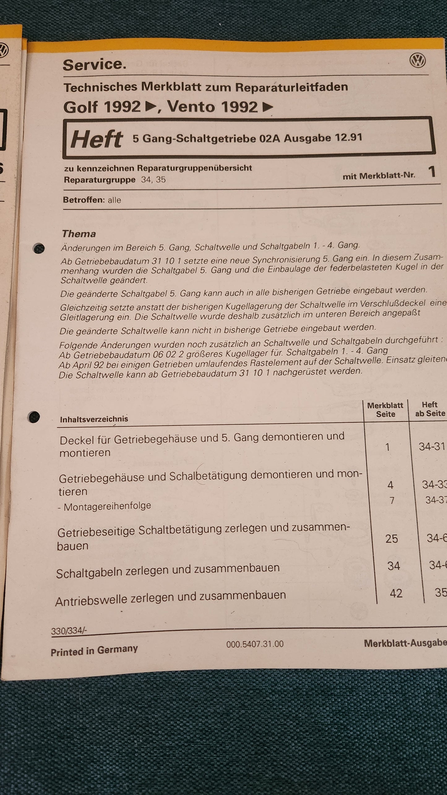 Golf 3/Vento Schaltgetriebe 02A Reparaturleitfaden Werkstattbuch