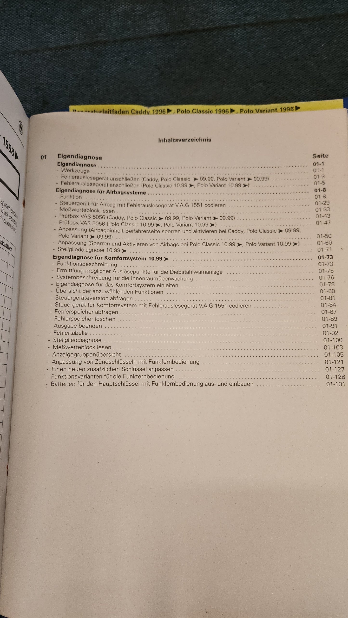 Caddy 9KV Polo 6N Karossrie Eigendiagnose Reparaturleitfaden Werkstattbuch