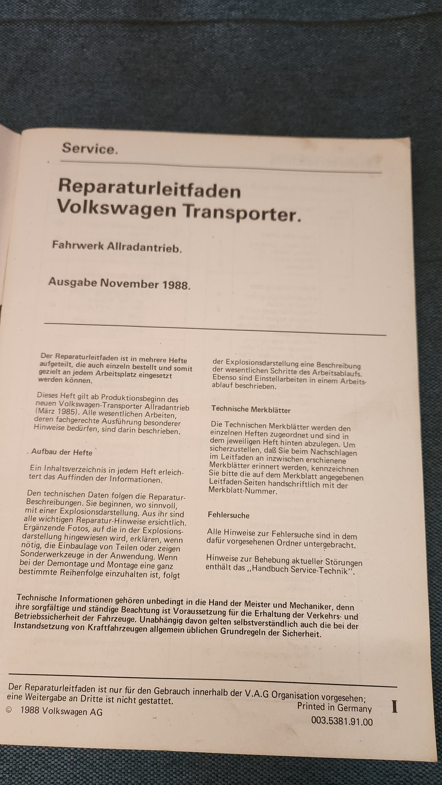 Transporter T3 Bus Fahrwerk Allradantrieb Reparaturleitfaden Werkstattbuch