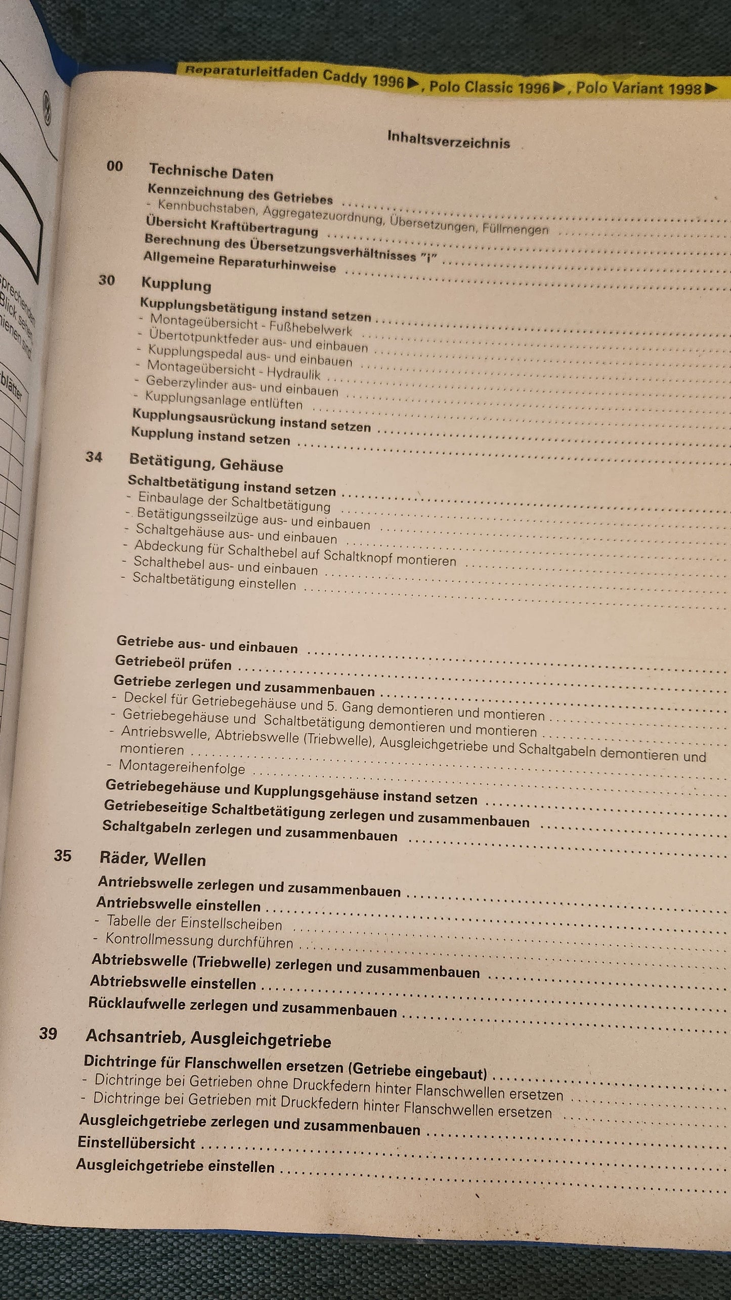 Caddy 9KV Polo 6N 5 Gang Schaltgetriebe 02A Reparaturleitfaden Werkstattbuch