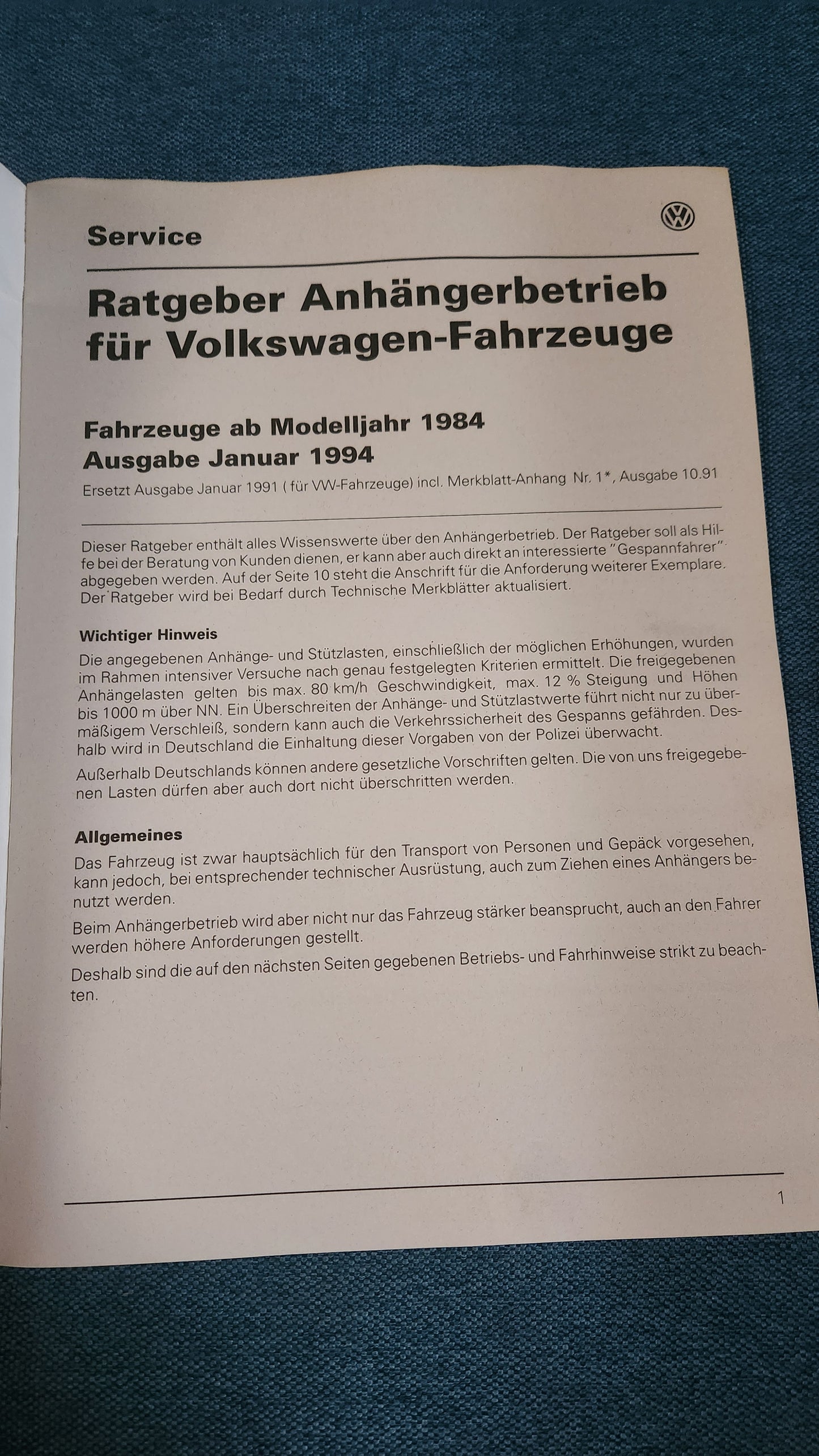 Ratgeber Anhängerbetrieb Polo86C/Golf/Jetta/Scirocco/2/Corrado/Passat35I/B3/B4/Caddy9kV/Taro/T4 Bus/LT1 Reparaturleitfaden Werkstattbuch