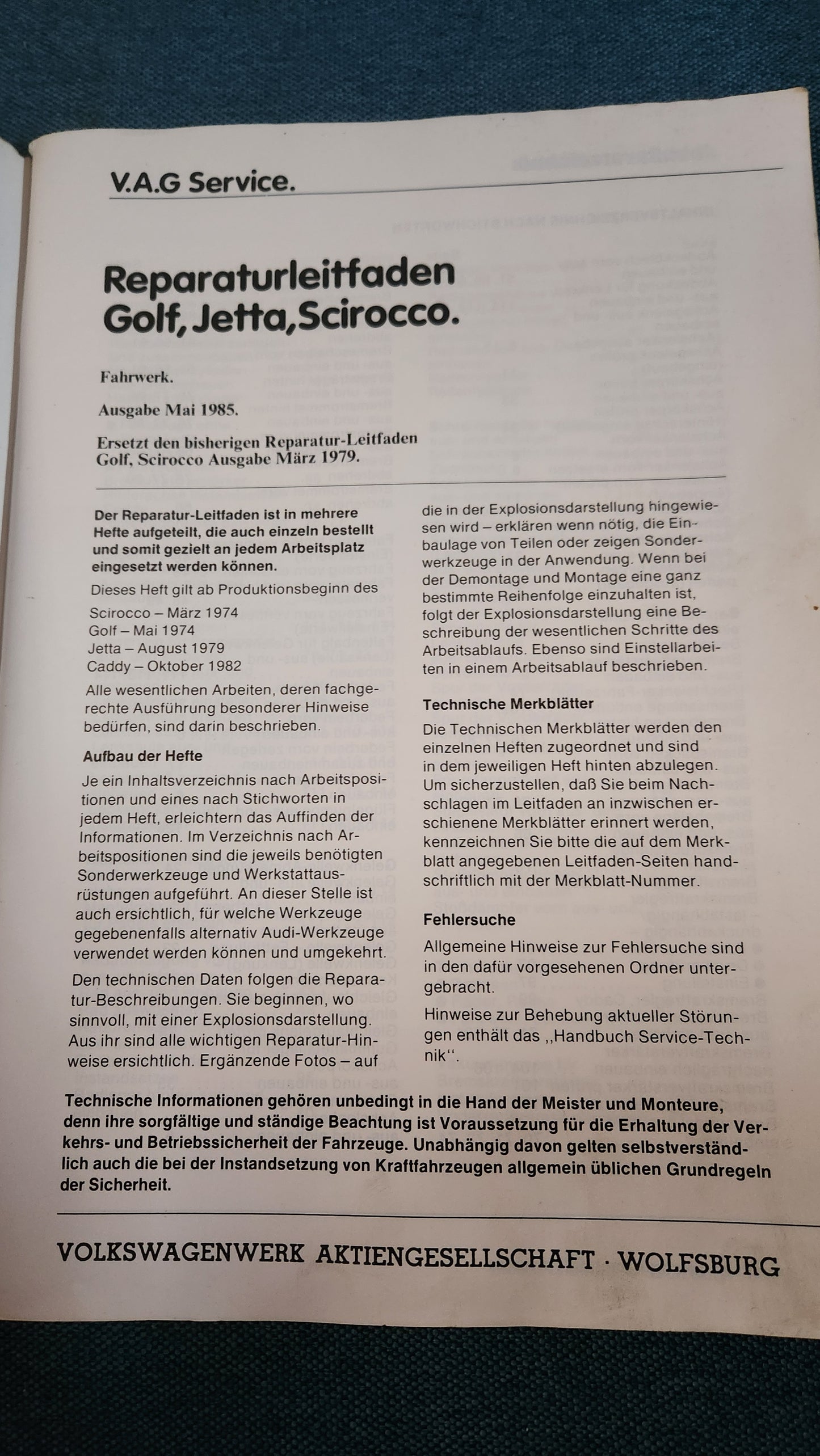 Golf/Jetta1/Cabriolet/Scirocco1/Caddy14D Fahrwerk Reparaturleitfaden Werkstattbuch