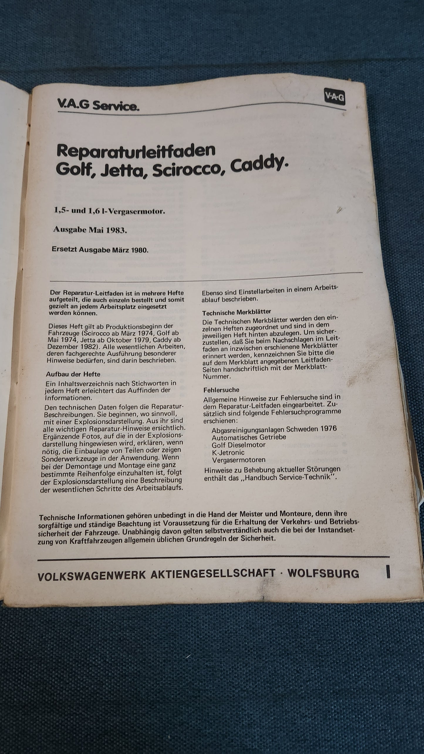 Golf 1 Jetta 1 Scirocco 1/2 Caddy 14D 1.5 und 1.6 L Vergasermotor Reparaturleitfaden Werkstattbuch