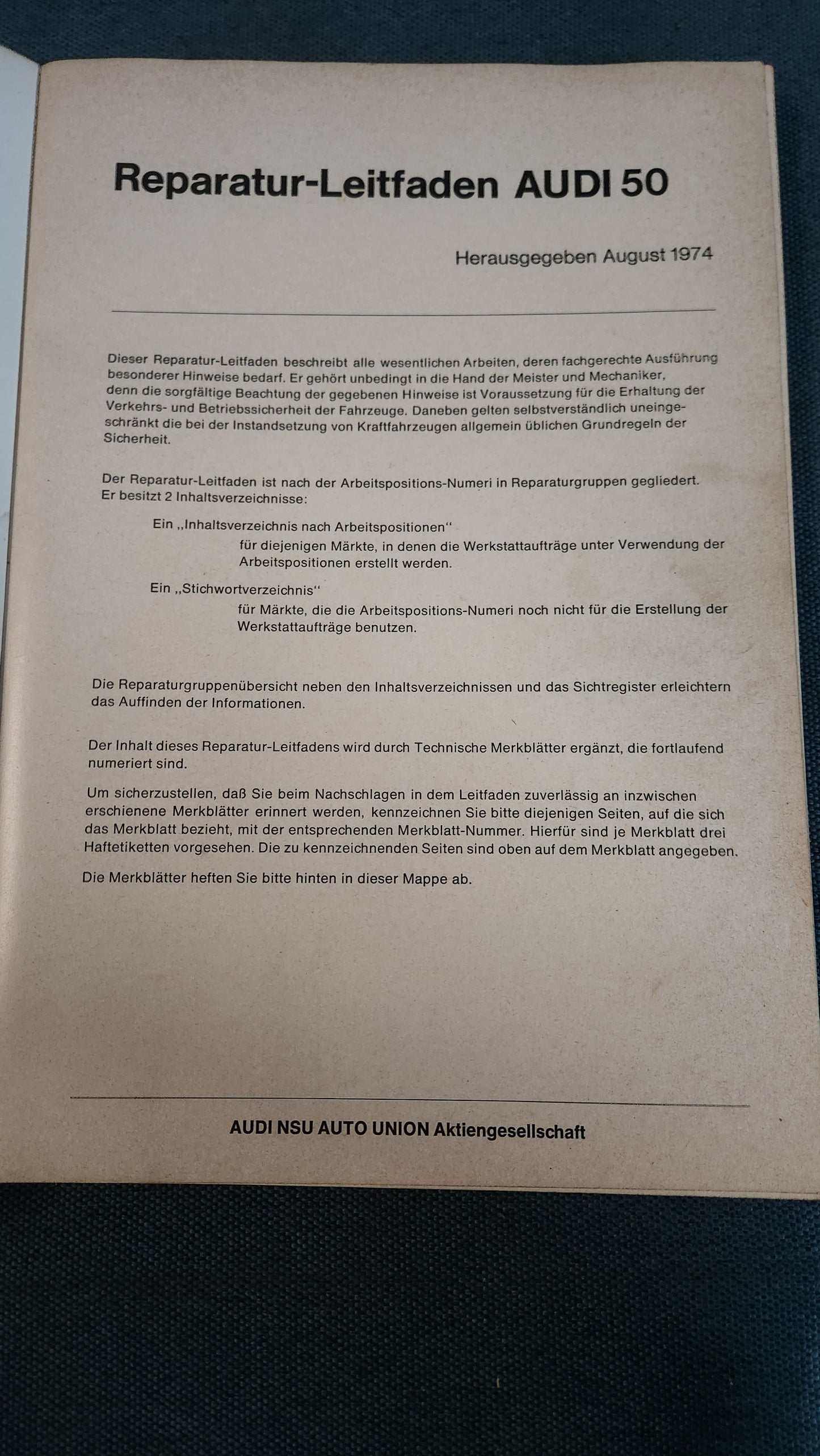 Audi 50 NSU Reparaturleitfaden Werkstattbuch