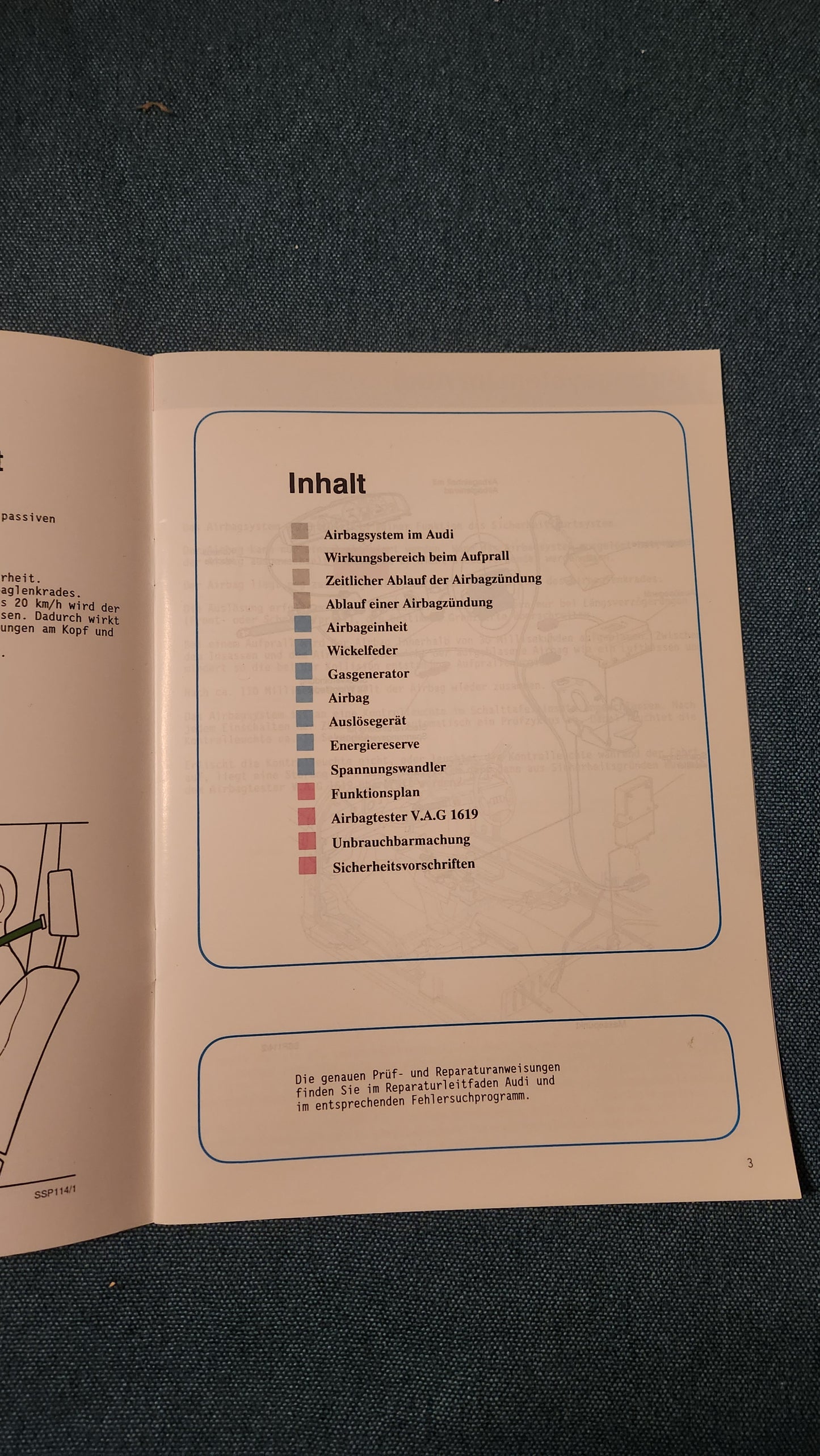 Airbag im Audi Selbststudienpogramm Nr. 114 Werkstattbuch Reparaturleitfaden