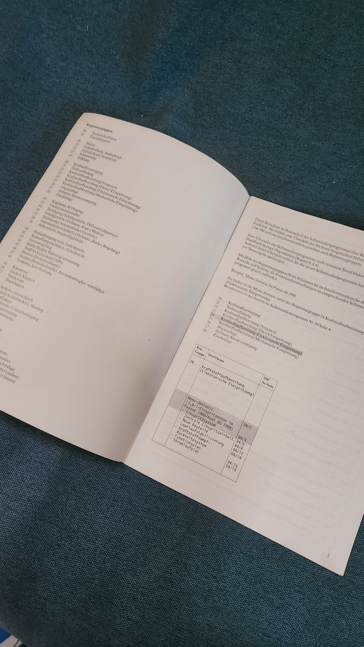 Table of contents for self-study program, repair manual, workshop manual, filing in box 1