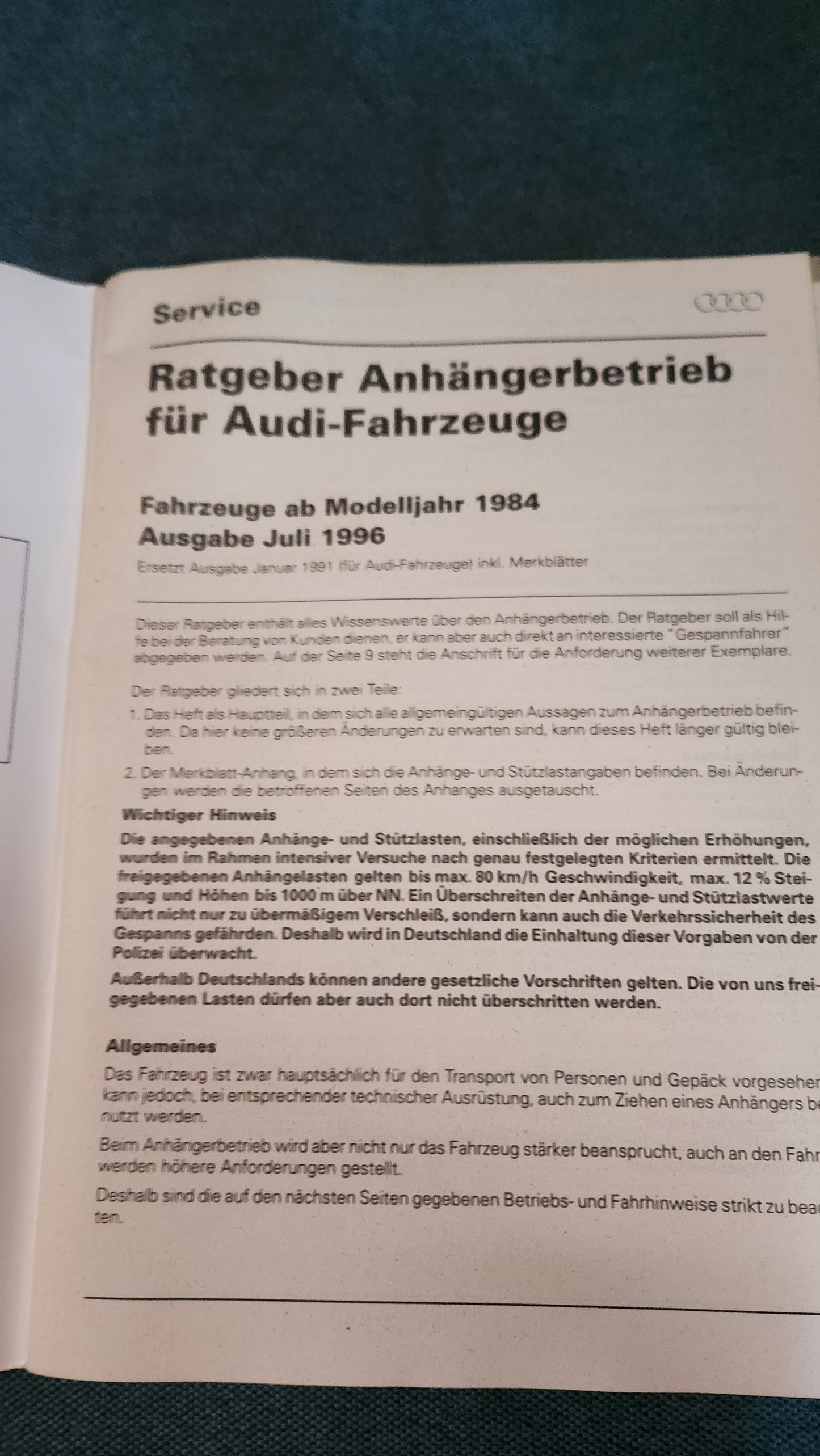 Audi Ratgeber Anhängerbetrieb ab 1984 Werkstattbuch Audi 80/90 B3 B4 TT8N A4 B5 100 C3 C4 A6 C5