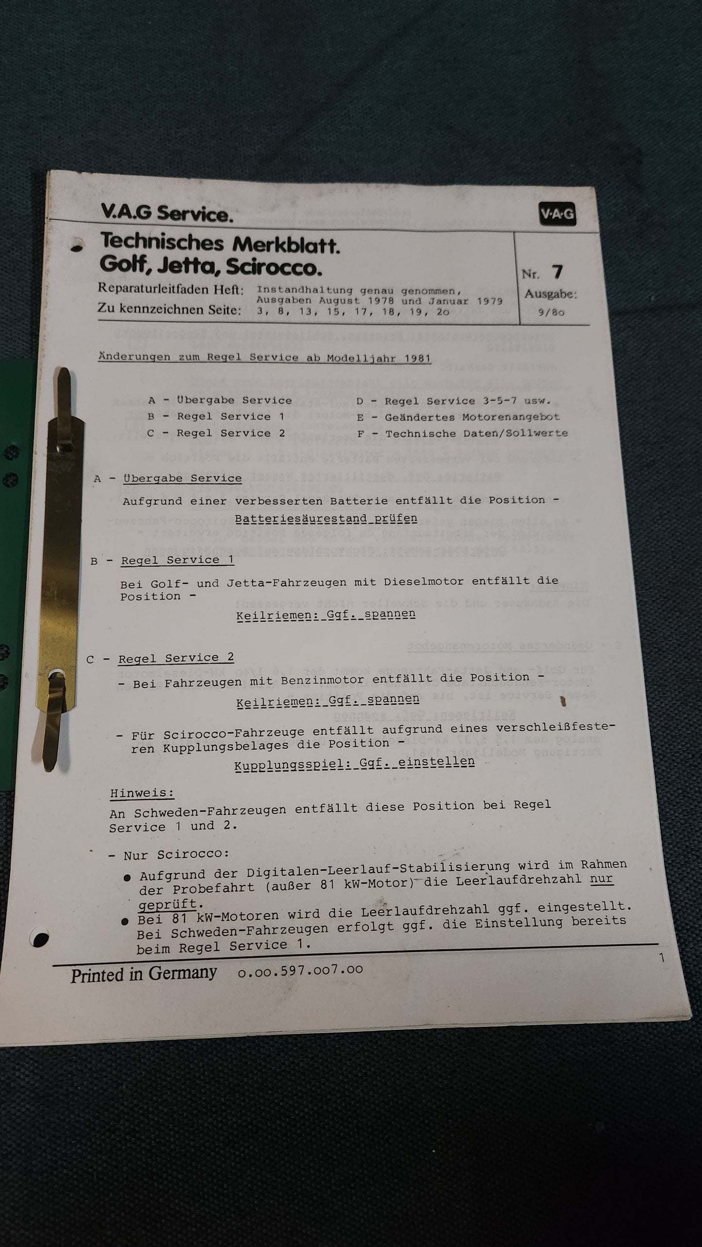 Golf 1 /Jetta 1 /Scirocco 1/2 Technisches Merkblatt Reparaturleitfaden Werkstattbuch