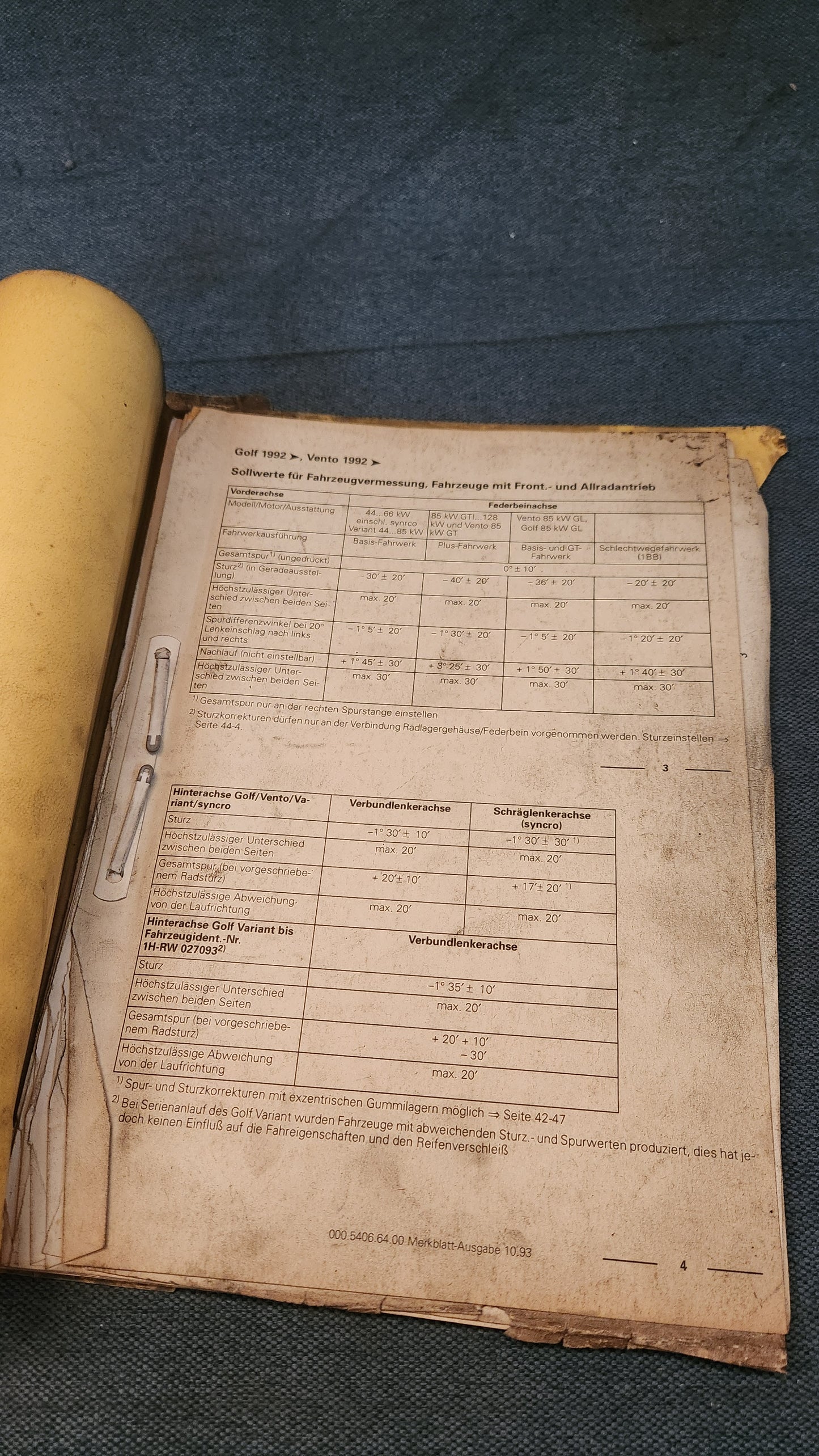 Sollwerte für Achsvermessung T4 Golf 3/ Vento Audi 100/200 C3 Golf 1 Scirocco 1 T3 Werkstattbuch