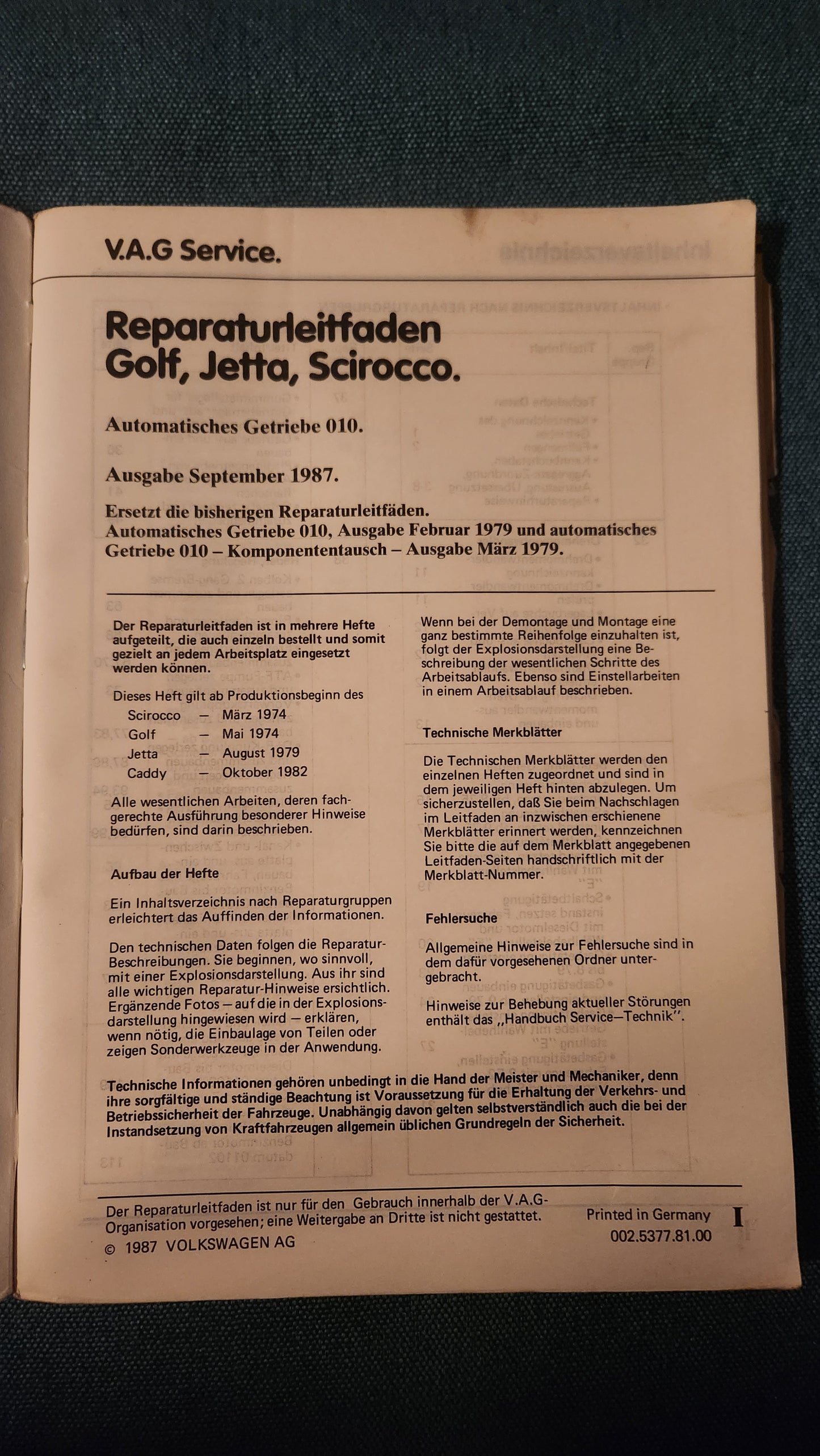 Golf 1/Jetta 1/Caddy 14D/Scirocco 1 Automatisches Getriebe 010 Reparaturleitfaden Werkstattbuch