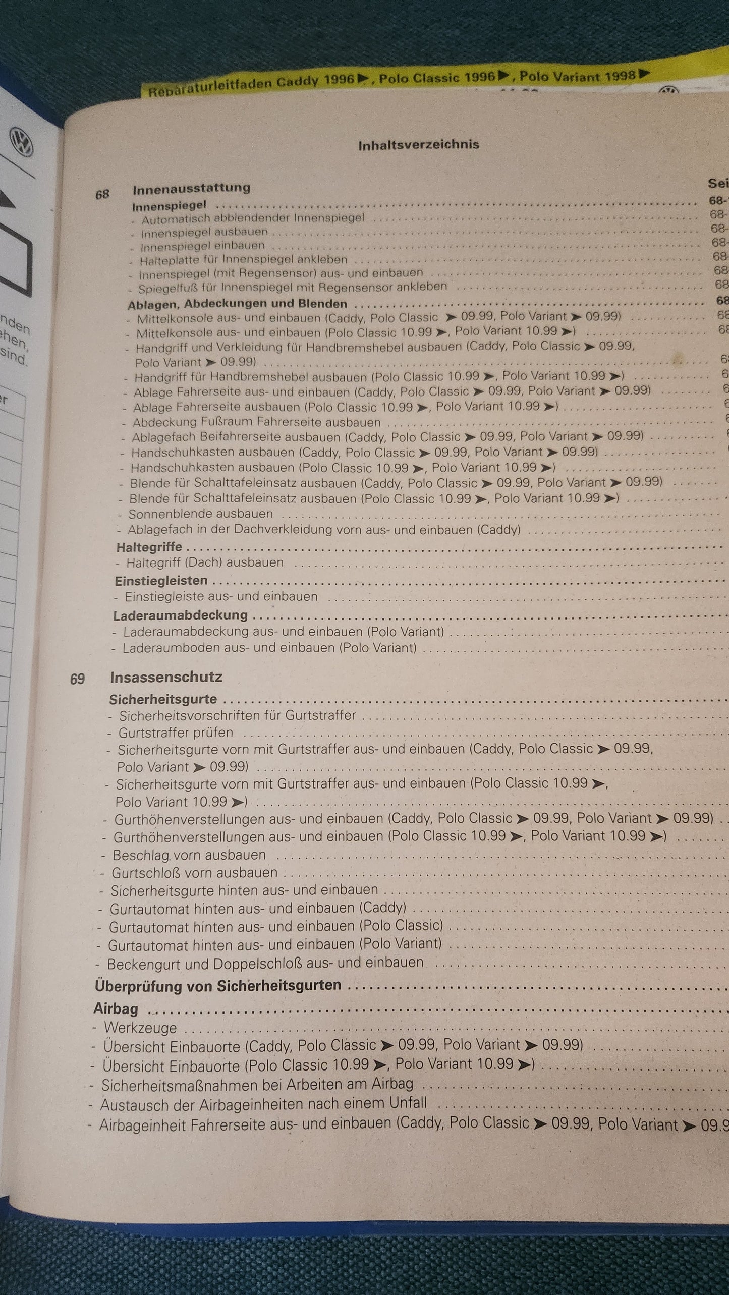 Caddy 2/Polo 6N/Variant/Classic Body Assembly Work Interior Repair Manual Workshop Manual