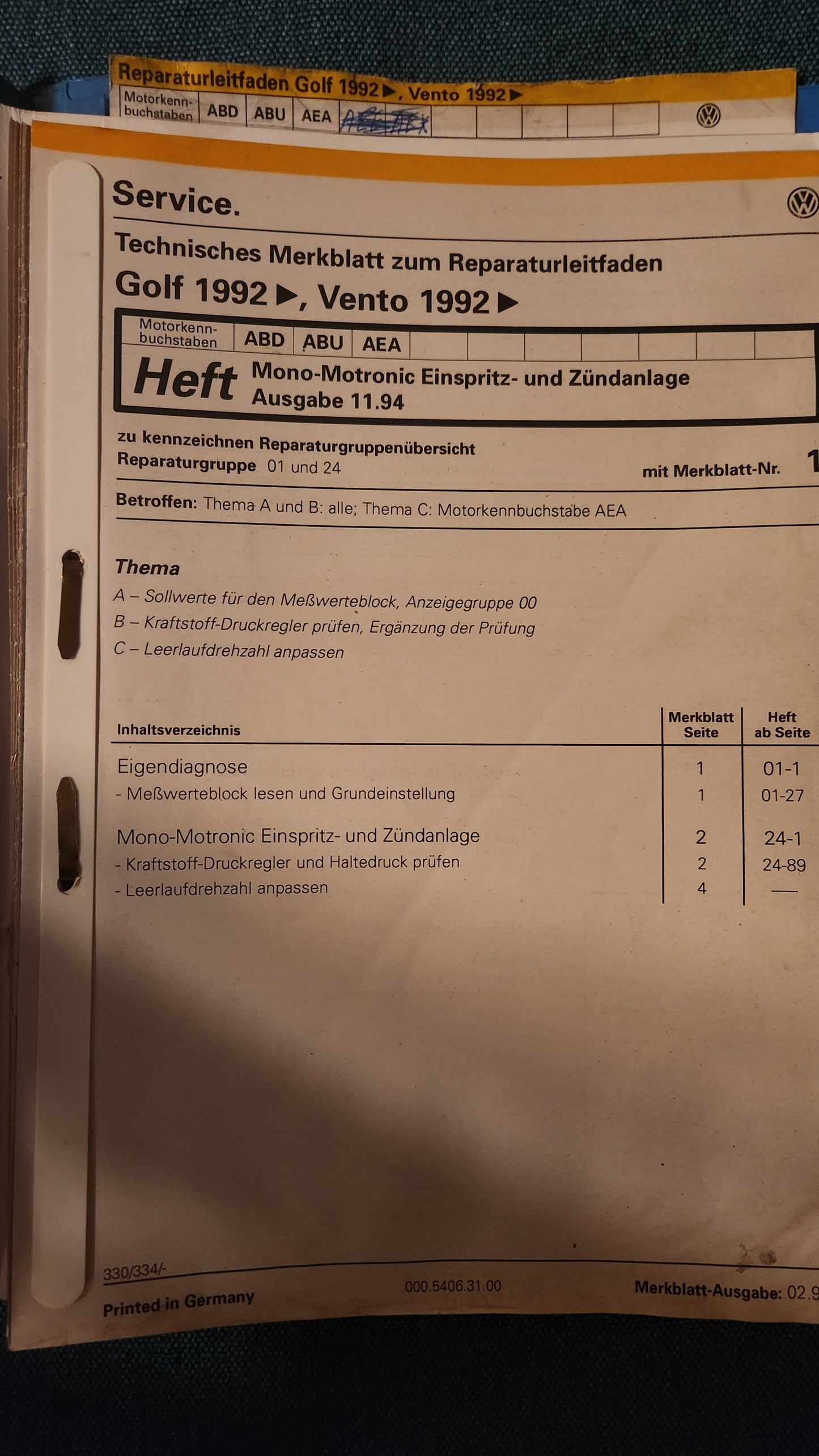 Golf 3/Vento ABD ABU AEA Motor Reparaturleitfaden Werkstattbuch