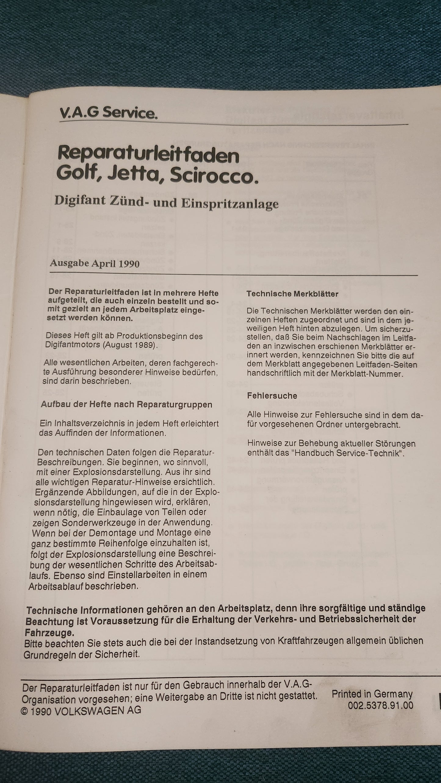 Golf/Cabrio/Jetta/Scirocco/1 Digifant Zünd-und Einspritzanlage 2H Motor Reparaturleitfaden Werkstattbuch