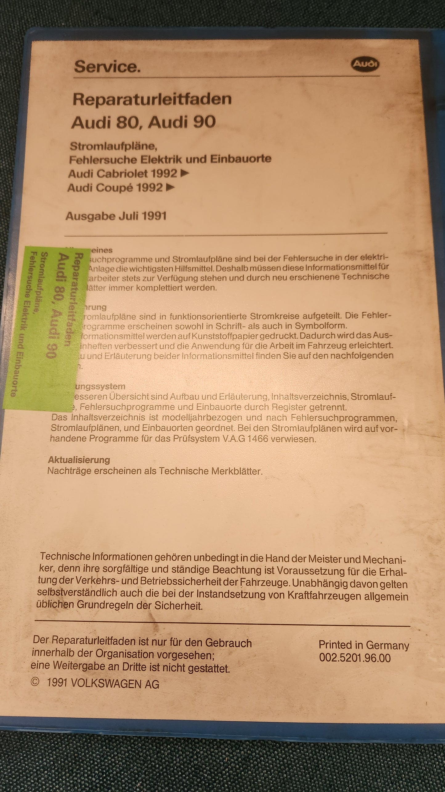 Audi 80 B4 Typ 89 Cabriolet Coupe Stromlaufpläne Reparaturleitfaden Werkstattbuch Z1