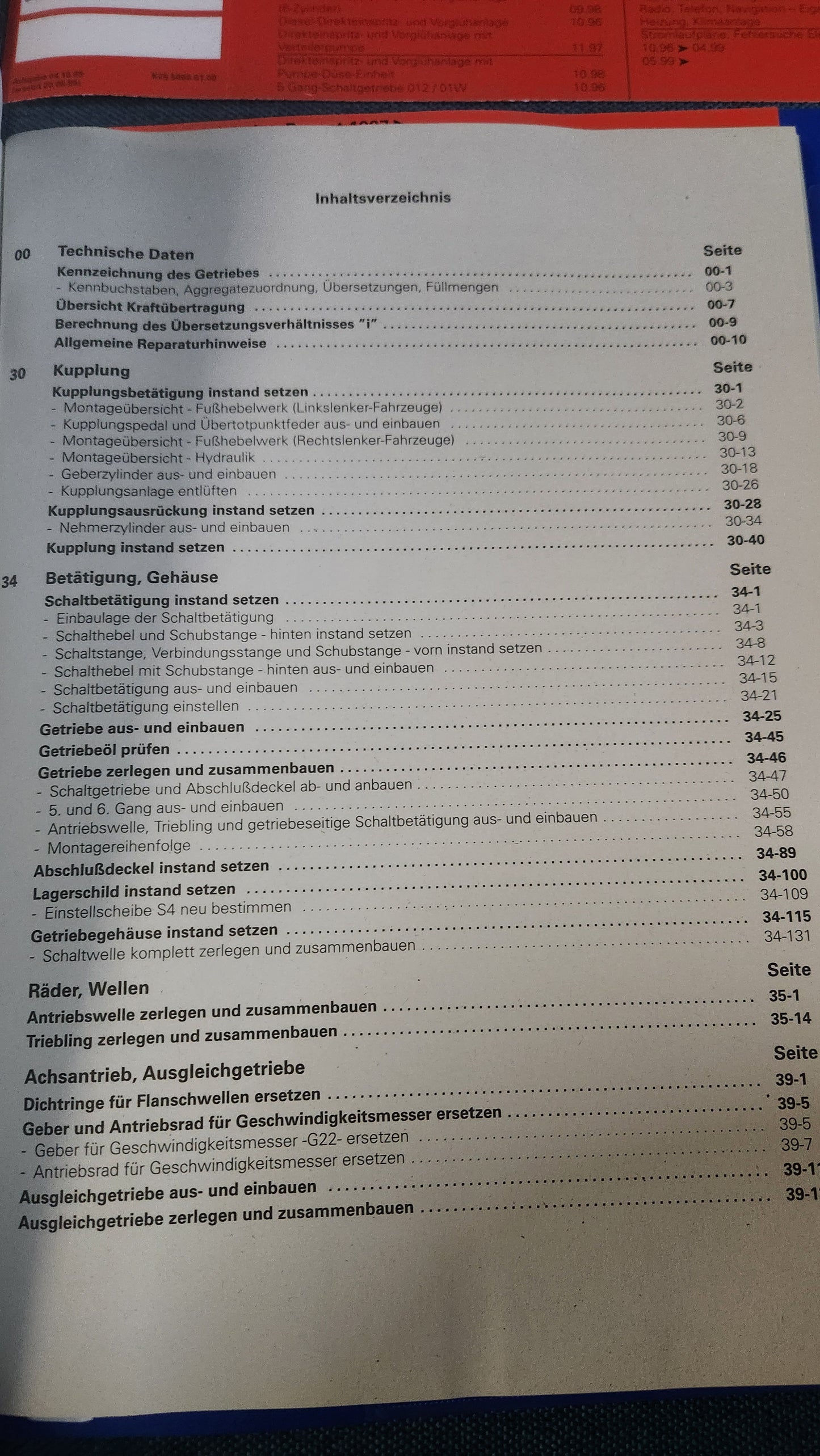 Passat 3B/BG 5-und 6 Gang-Schaltgetriebe 01E/0A1 Nos Neu Reparaturleitfaden Werkstattbuch