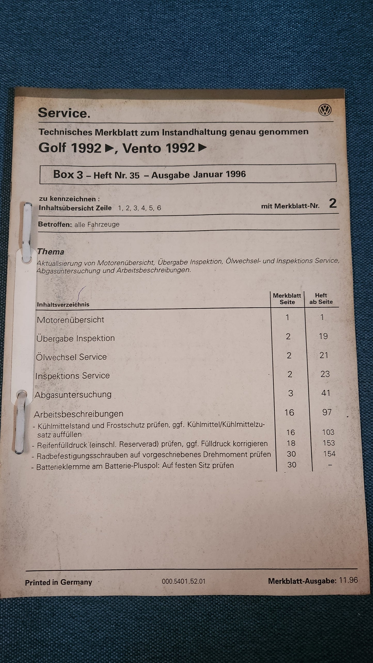Golf3/Vento Technisches Merkblatt Instandhaltung genau genommen Reparaturleitfaden Werkstattbuch