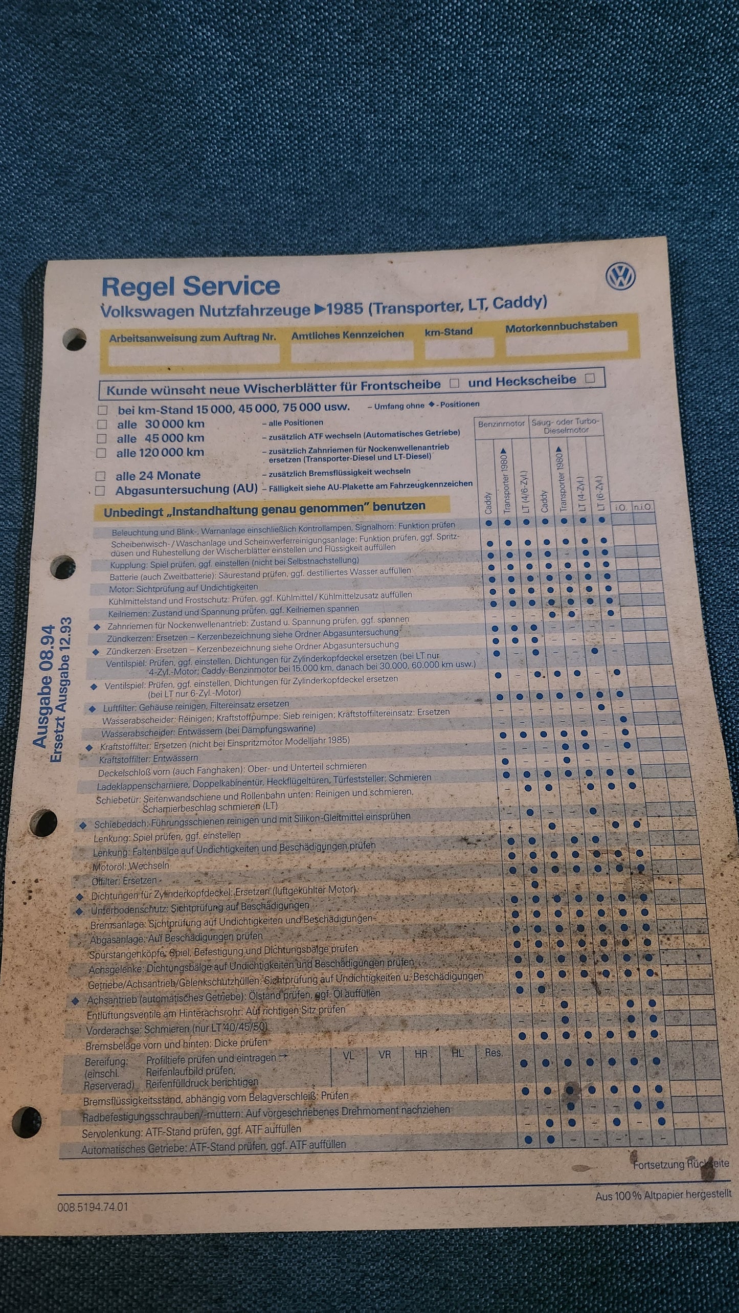 Regel Service Inspektions Plan T3 Bus/LT1/Caddy 14D Reparaturleitfaden Werkstattbuch