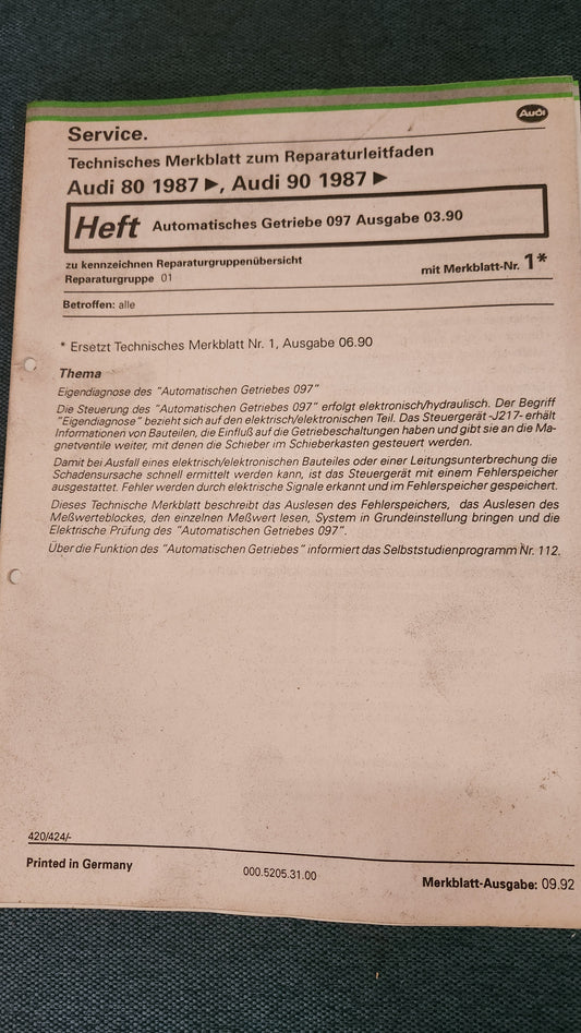Audi 80/90 B3 Automatisches Getriebe 097 Werkstattbuch Reparaturleitfaden