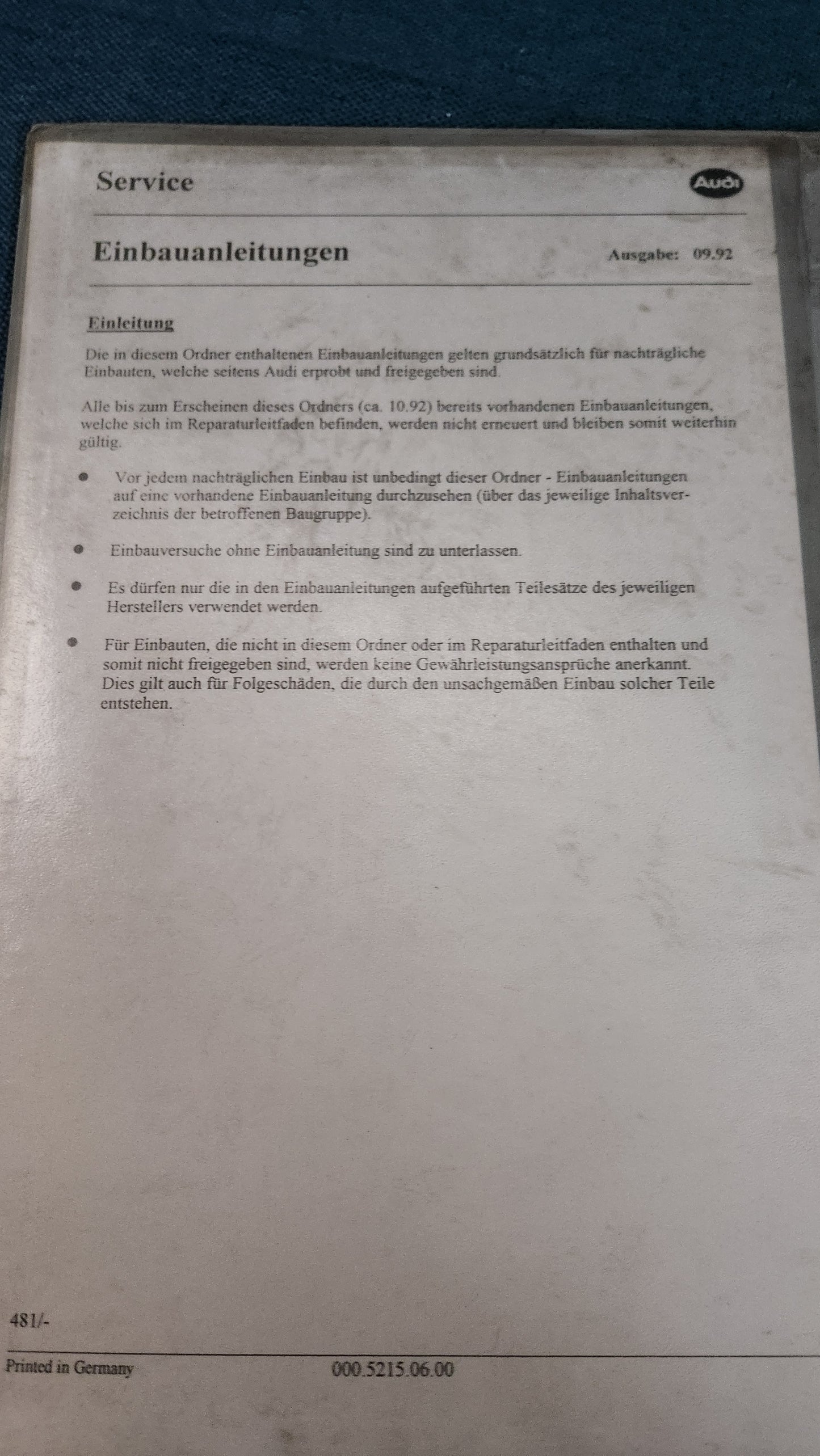 Installation instructions for Golf 2, Audi 100/200 C3, Passat B3, Audi 80 Cabriolet Coupe B3, A3, A4, A6, RS2 V8 B5; Repair manual, workshop manual