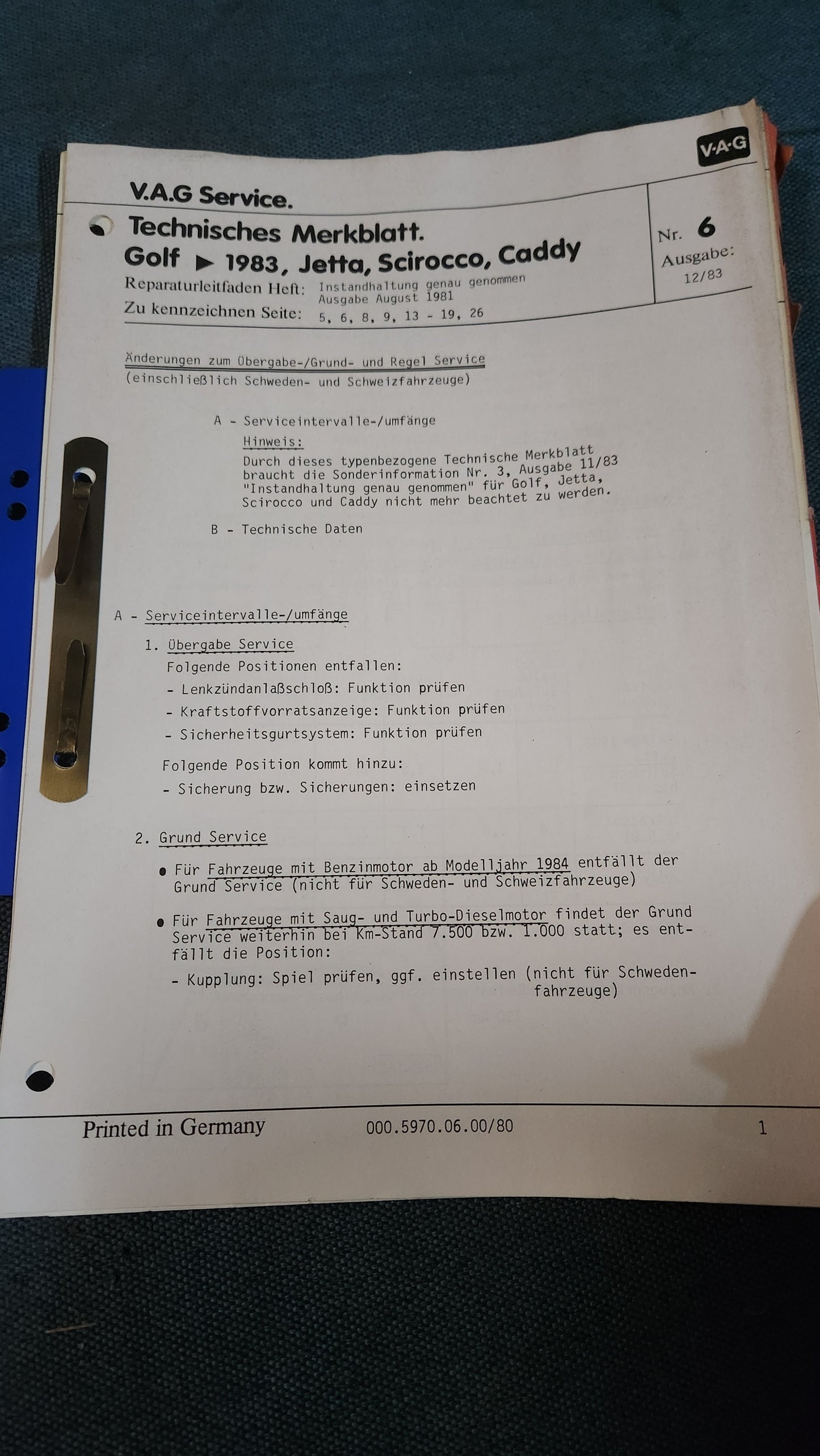 Golf 1 / Jetta 1 / Scirocco 1/2 /Caddy 14D Technisches Merkblatt Instandhaltung genau genommen Reparaturleitfaden Werkstattbuch