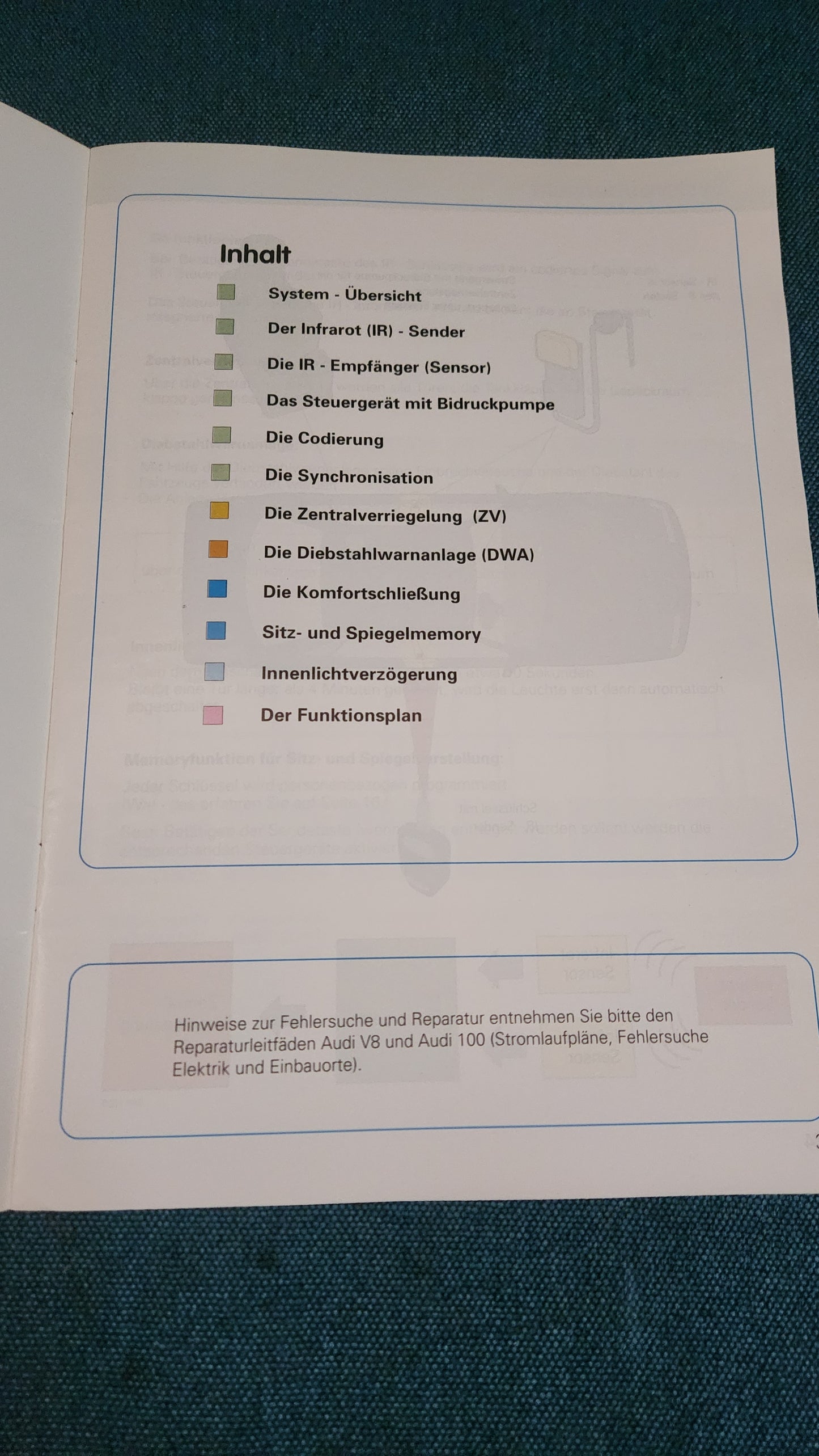 Zentralveriegelung mit Infarot-Fernbedienung Audi V8  Selbststudienpogramm Nr. 132 Werkstattbuch Reparaturleitfaden