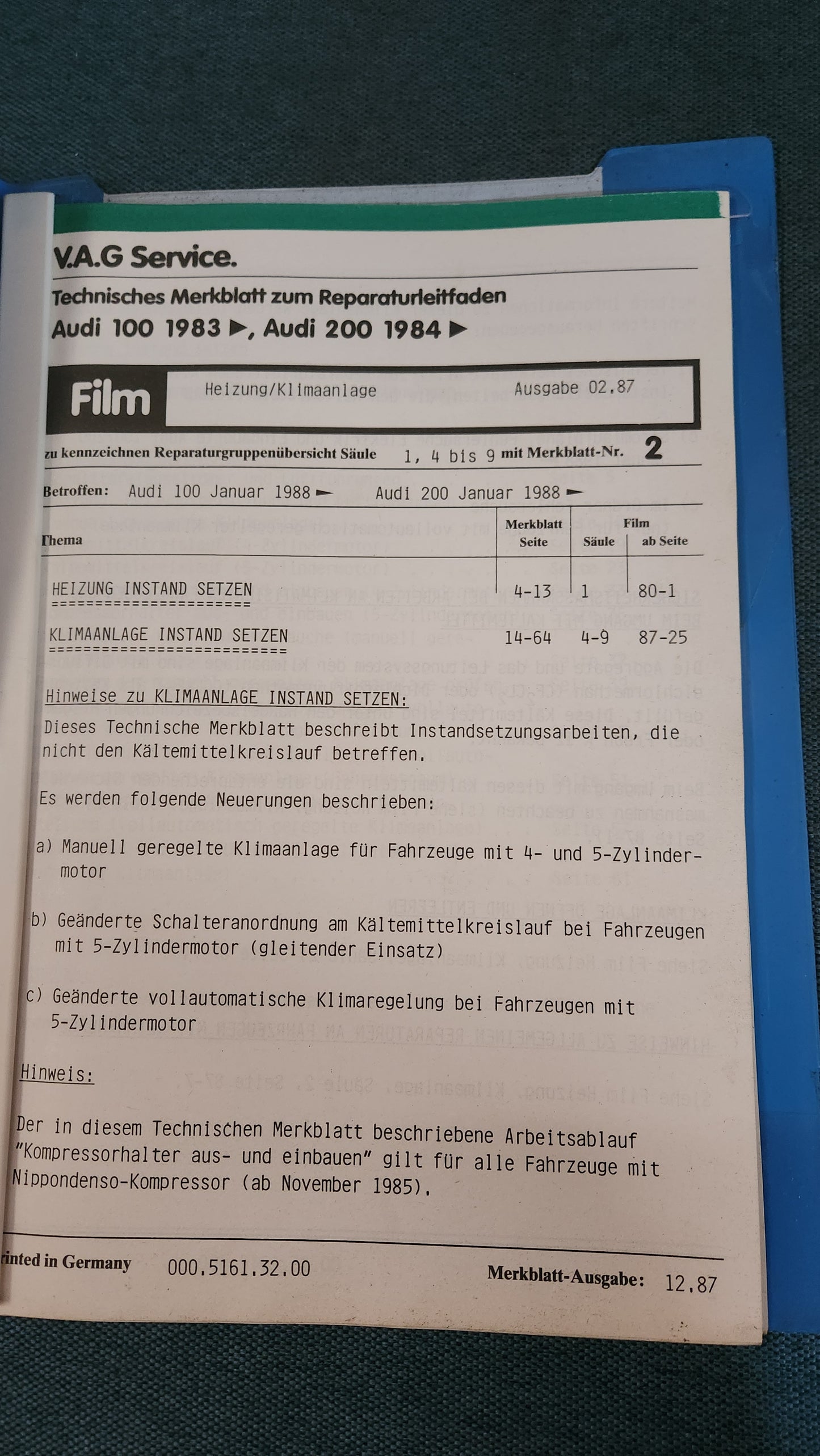 Audi 100/200 C3 Heating Air Conditioning Repair Manual Workshop Manual