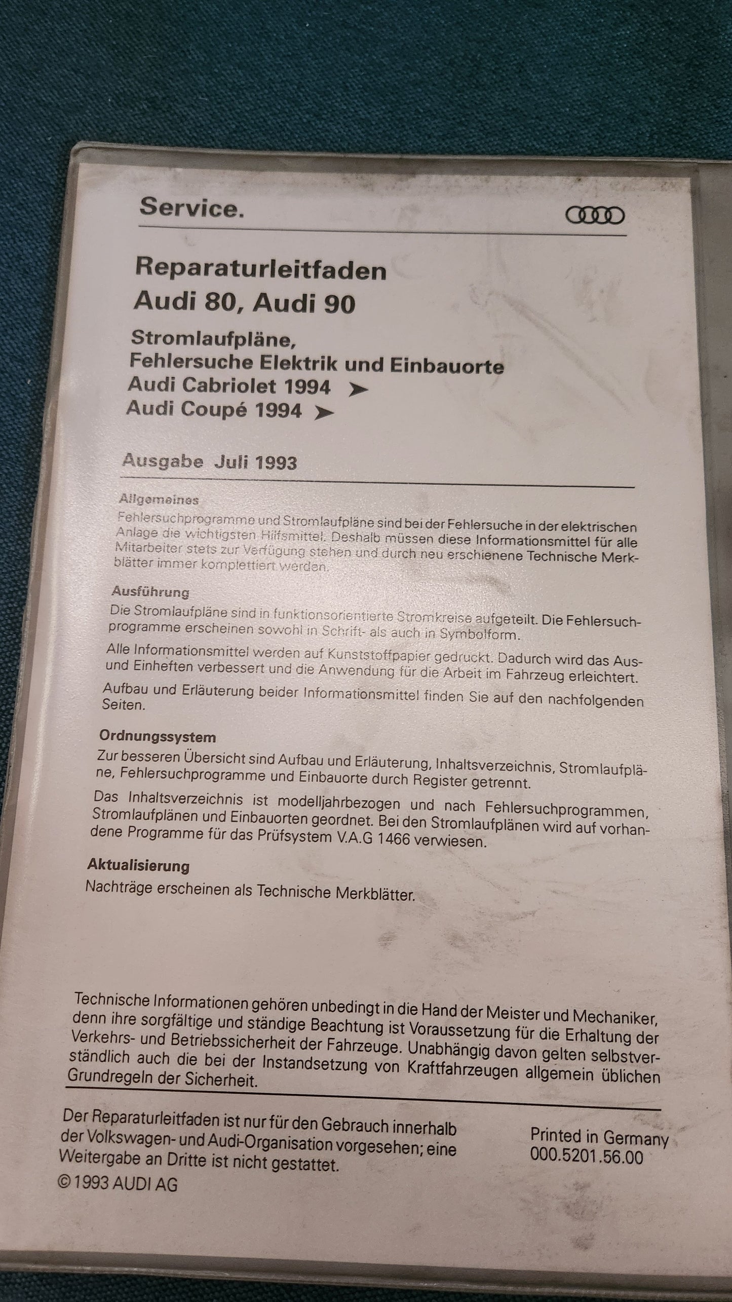 Audi 80/90 B4 Cabriolet Coupe Typ 89 Stromlaufpläne Reparaturleitfaden Werkstattbuch