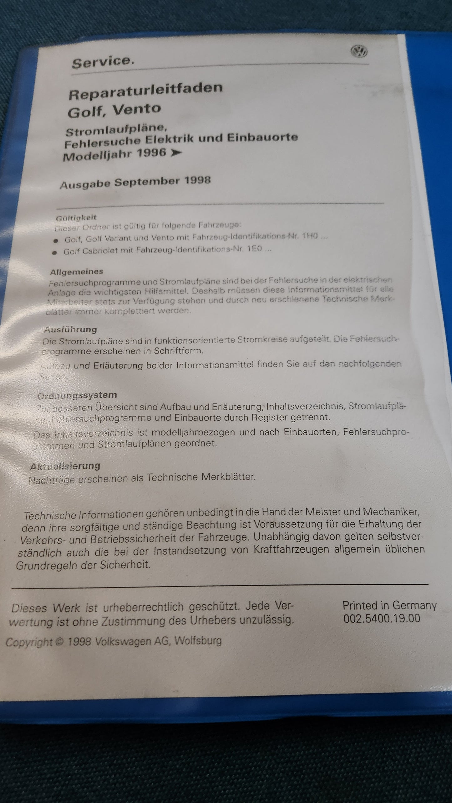 Golf 3 / Vento Stromlaufpläne Reparaturleitfaden Werkstattbuch