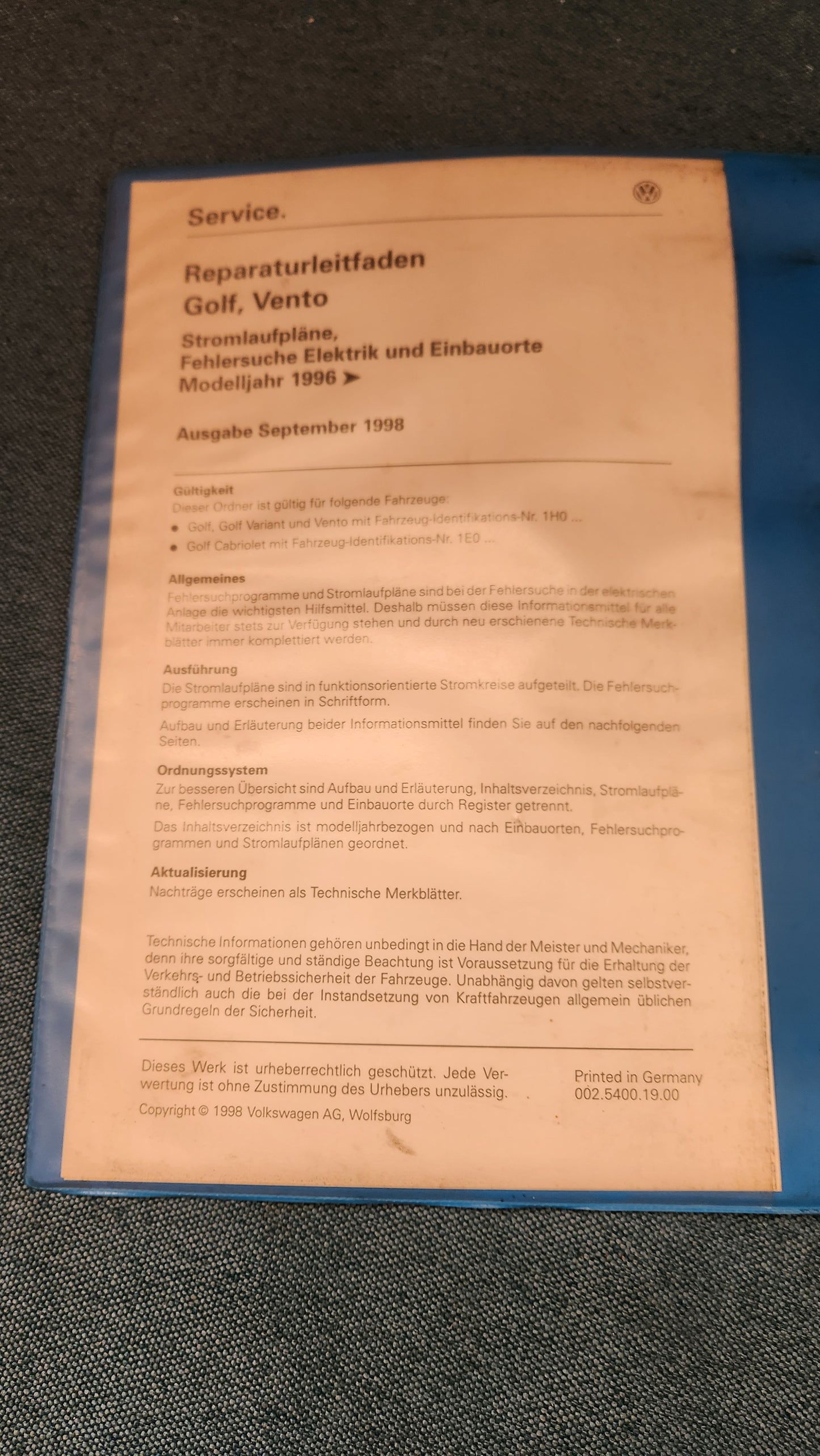 Golf 3/Vento Stromlaufpläne Reparaturleitfaden Werkstattbuch Z1