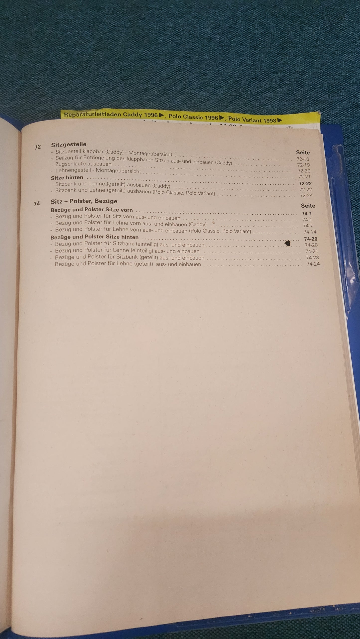 Caddy 2/Polo 6N/Variant/Classic Body Assembly Work Interior Repair Manual Workshop Manual
