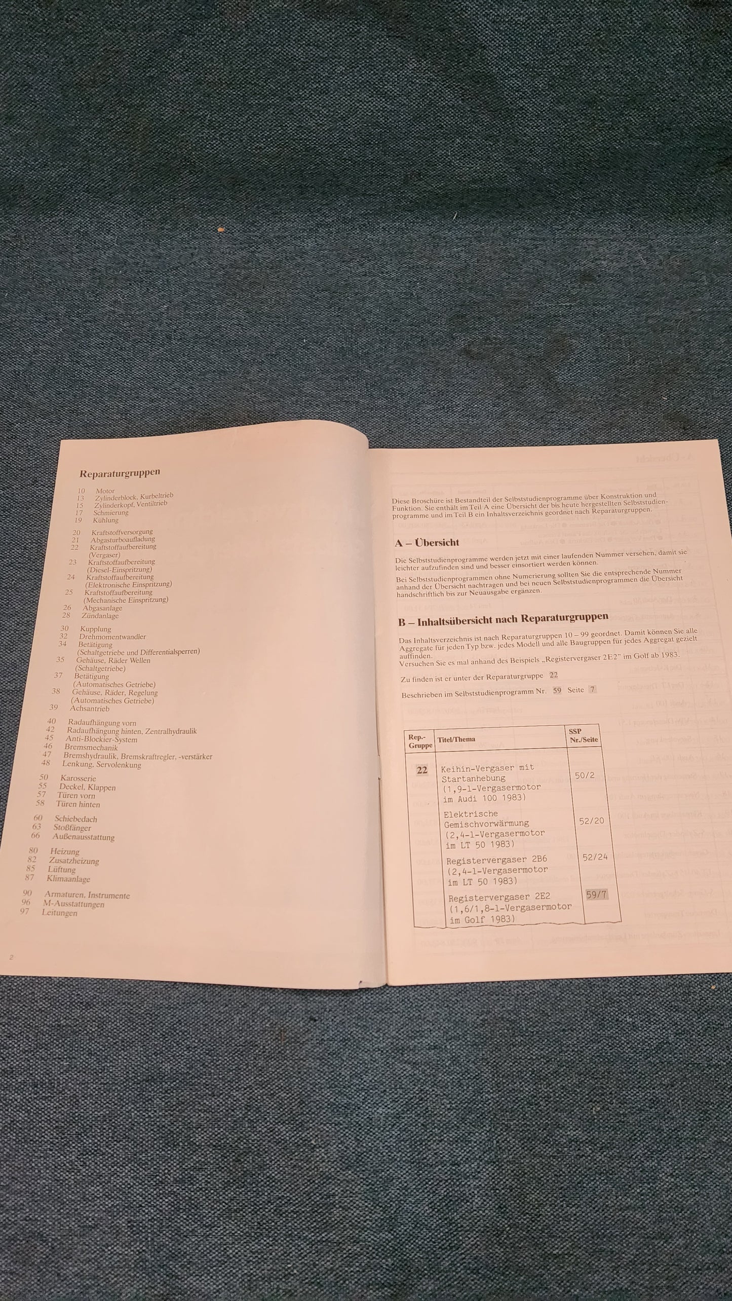 Inhaltsverzeichnis für Selbststudienprogramm  Reparaturleitfaden Werkstattbuch Ablage im Ordner 1