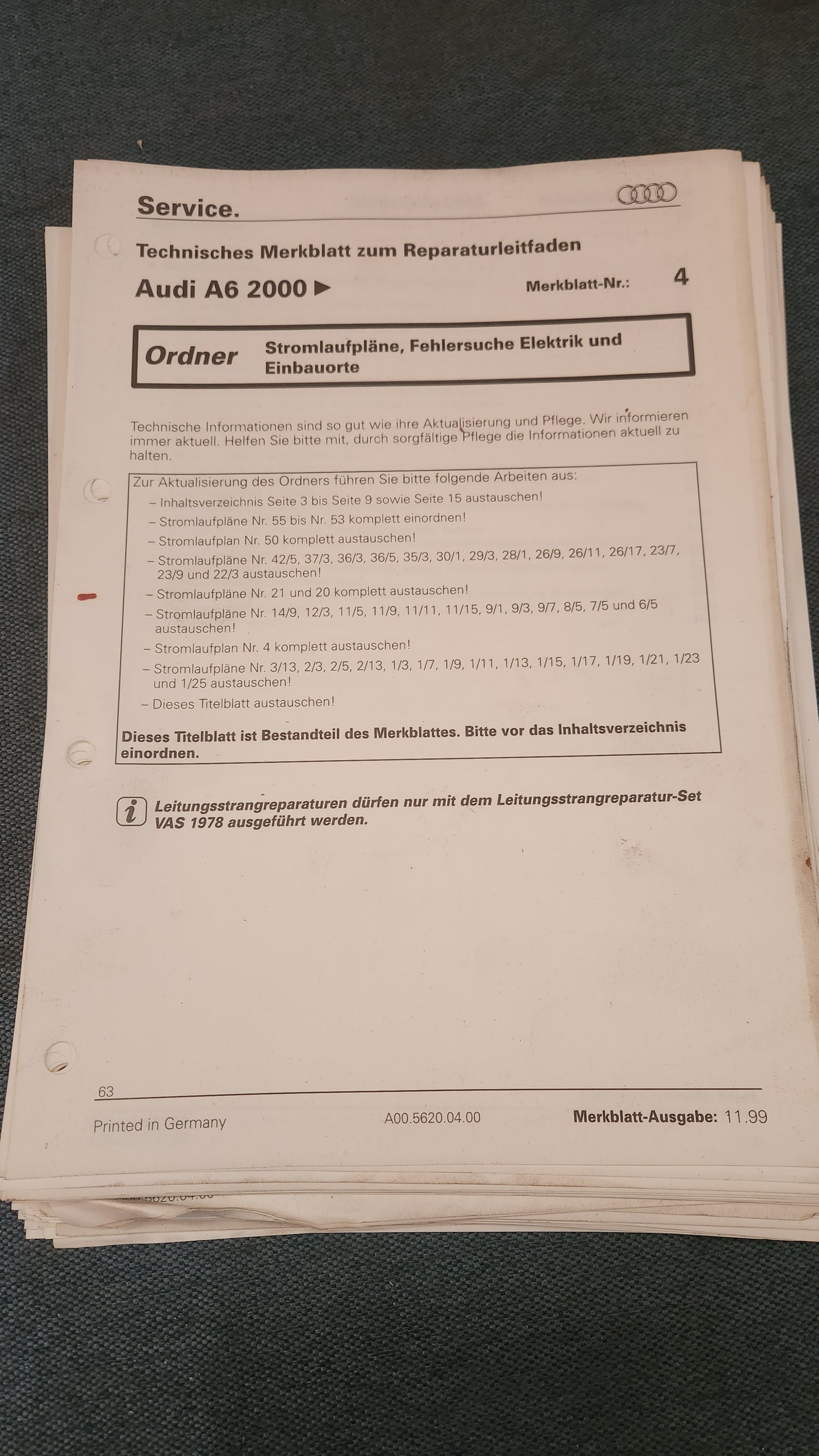 Audi A6 C5 Stromlaufpläne Nachtrag Reparaturleitfaden Werkstattbuch