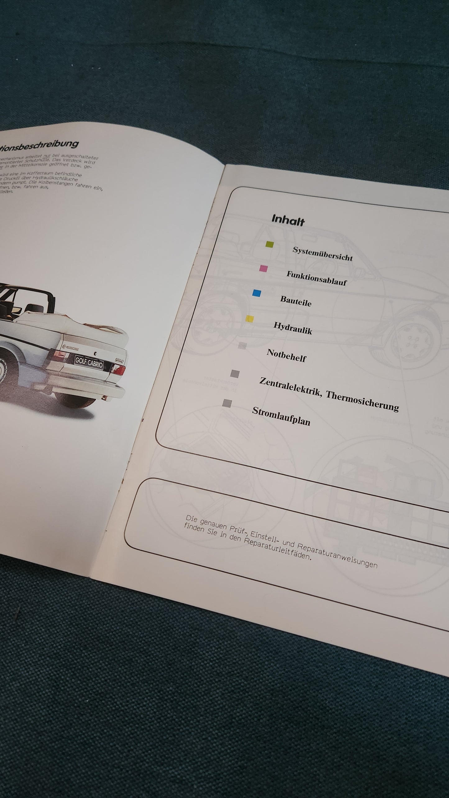 Golf 1 Cabriolet -elektrisch-hydraulische Verdeckbetätigung Konstruktion und Funktion Selbststudienprogramm Nr. 118  Reparaturleitfaden Werkstattbuch